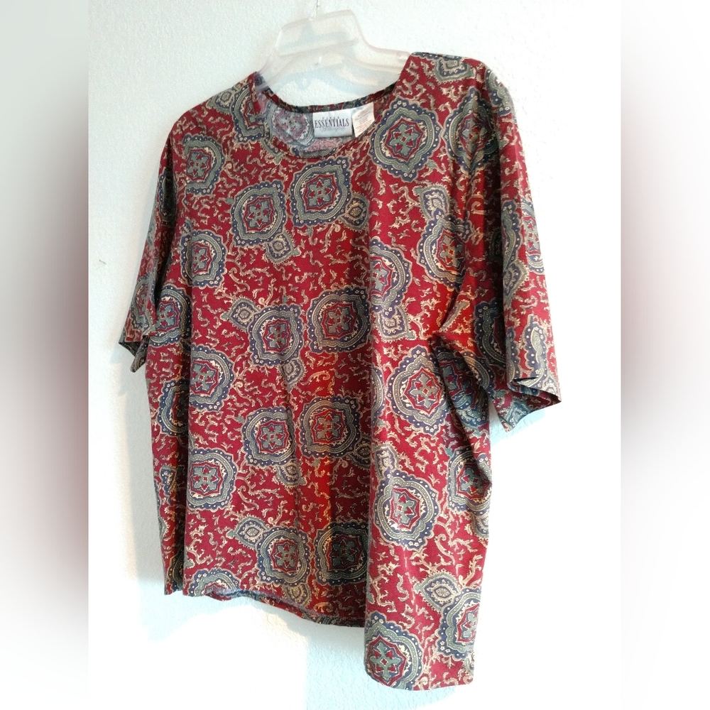 Vintage Essentials Worthington Woman Blouse Shirt Short Sleeve Red Beige 20W - Picture 6 of 6